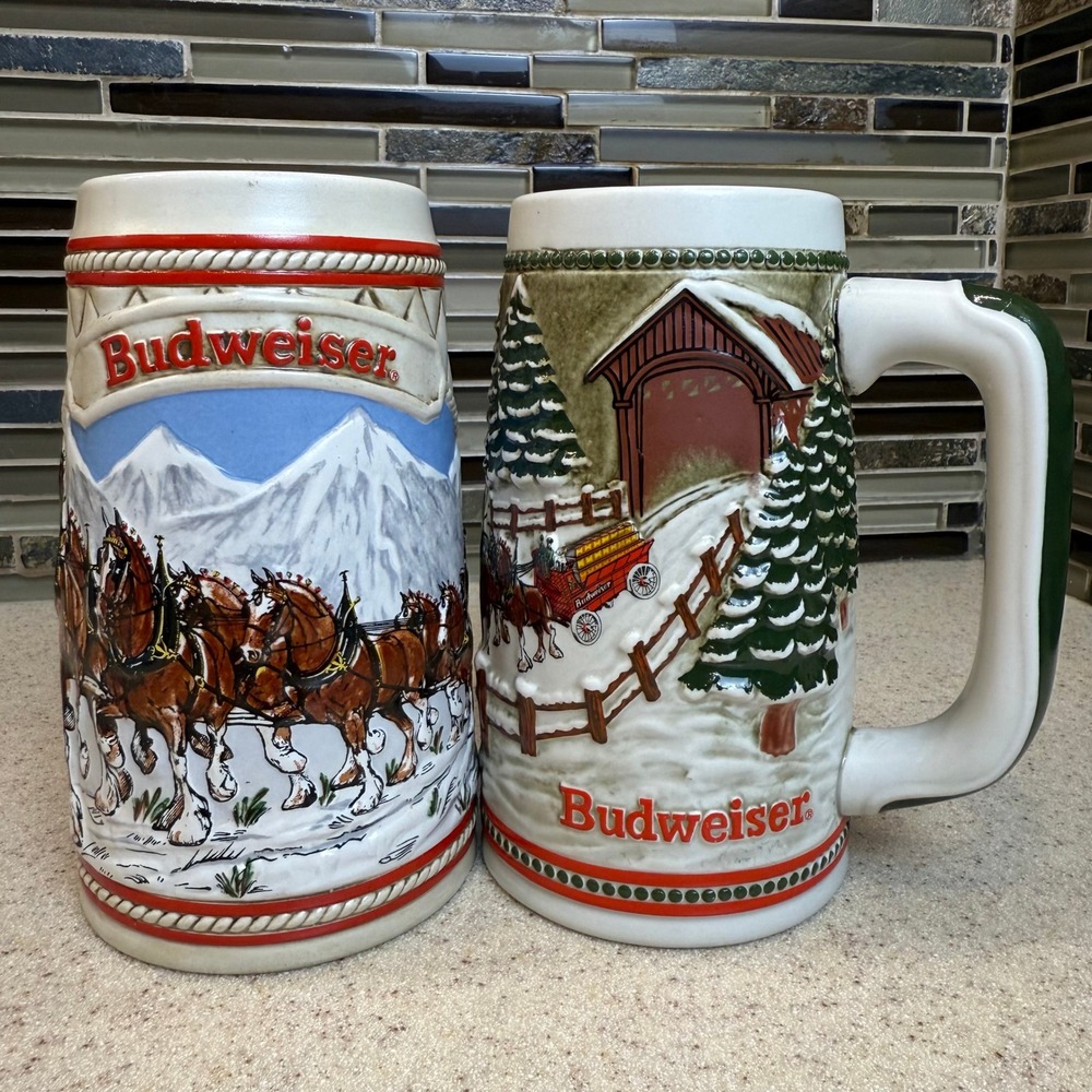 VTG 1984 Budweiser Holiday Beer‎ Stein Set of 2 Clydesdales 3D Ceramarte Brazil